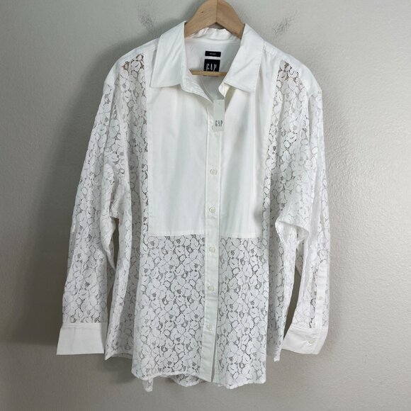 NEW Gap Womens Large White Lace Bib Big Shirt Button Up Long Sleeve Blouse Top - Picture 13 of 16
